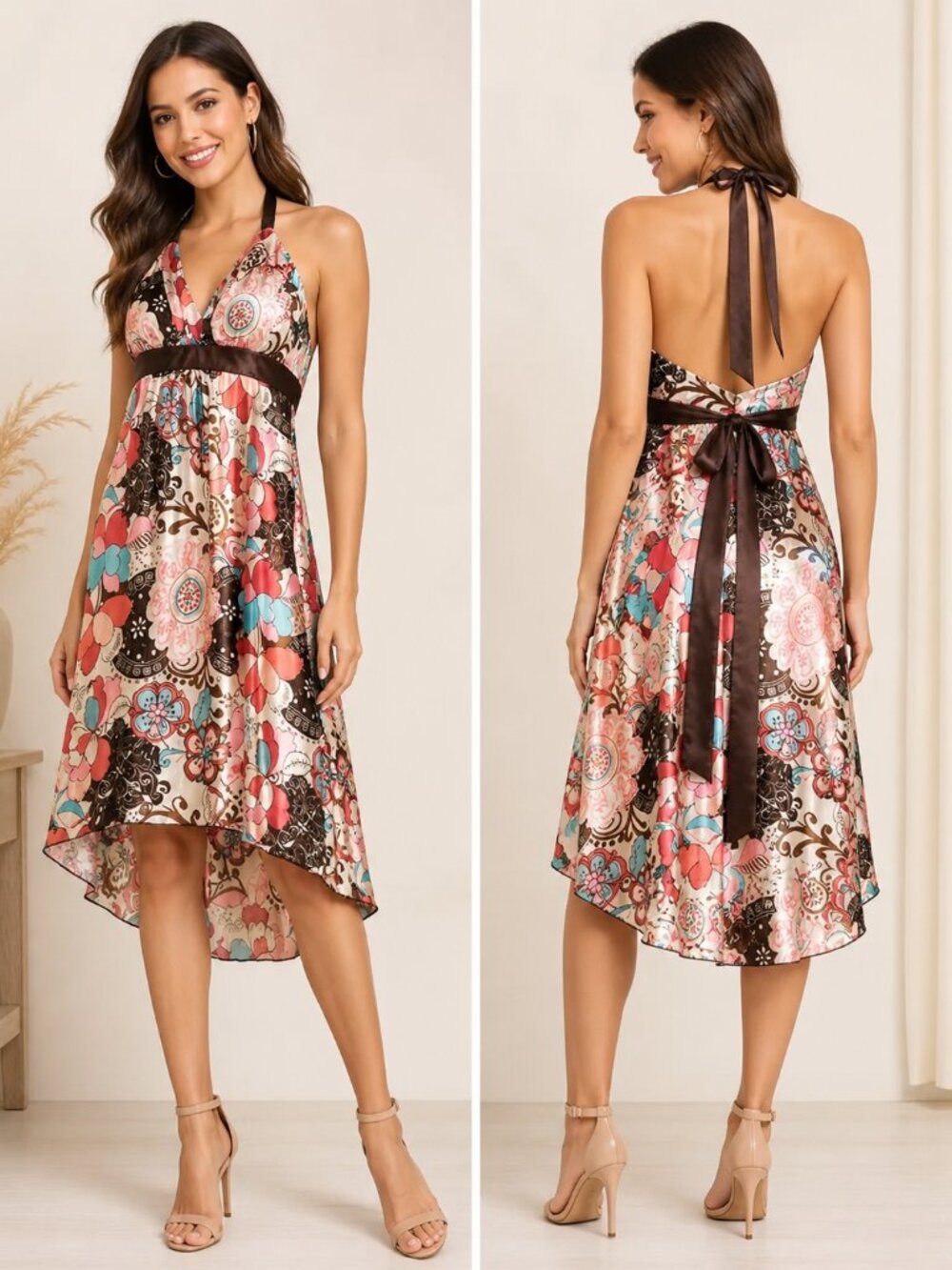 iZ Byer California - Women's Floral Satin Halter High Low Dress - Sz 7 - EUC